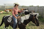 A female rider rounds up cattle