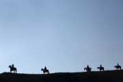 Riders silhouetted agaist Saksatchewan's clear blue sky